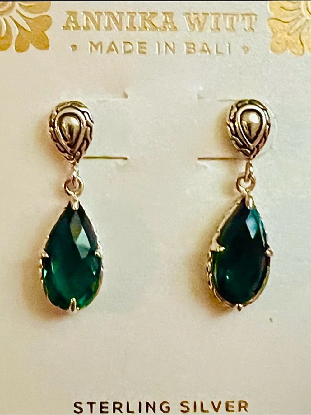NWT Annika Witt Sterling Silver 925 Green Teardrop Dangle Earrings 1” L